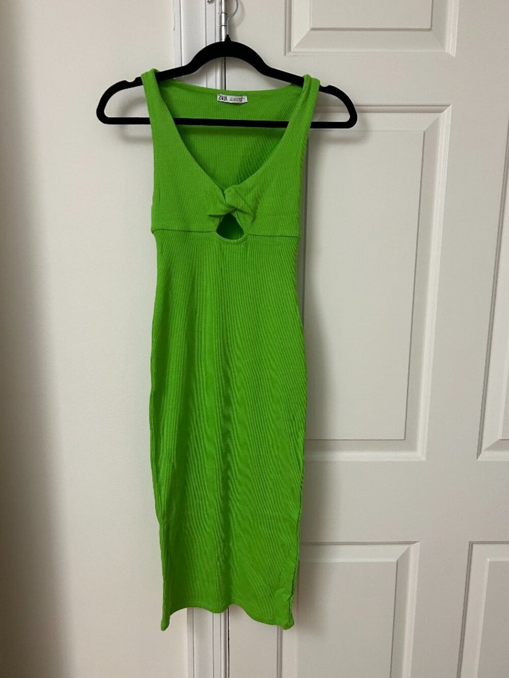 Zara Neon Green Ribbed Midi Dress – Cutout Twist Front Bodycon